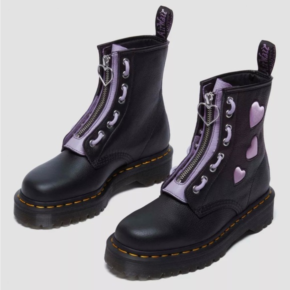 Dr. Martens Black Leather Heart Zip Boots with Lavender Accents - Picture 2 of 5